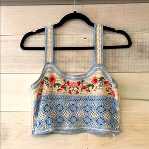 Floral Embroidered Crochet Crop Top - Blue and Cream